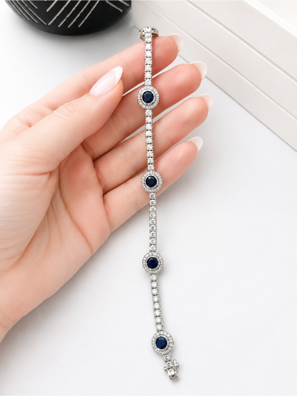 925 Sterling Silver Blue Sapphire wnd Cubic Zirconia Tennis Bracelet Size 7” - Picture 9 of 16